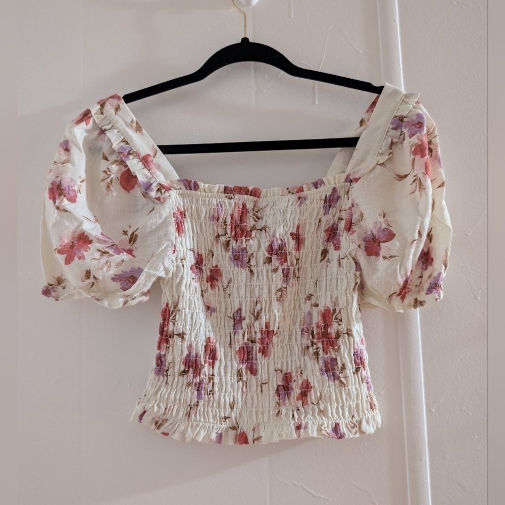 Monteau Chic Floral Smocked Blouse with Puff Sleeves Y2K